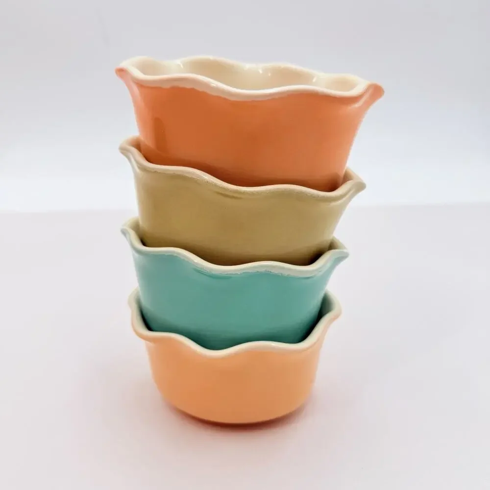 Grestel 4 PC Colorful Stoneware Ruffled Ramekin Dishes Portugal 4.5x 3.75 x 2.5